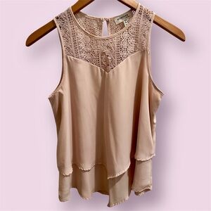 Blush Asymmetrical Sleeveless Blouse with Lace Neckline